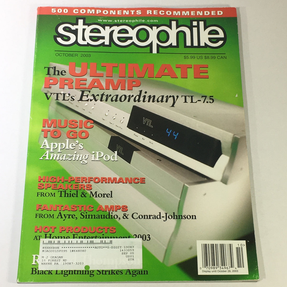 Cover of Stereophile Magazine from October 2003 featuring the title 'The Ultimate Preamp: VTL's Extraordinary TL-7.5'. The cover also highlights articles on speakers from Thiel and Morel, a focus on Apple's iPod, high-performance amplifiers, and product reviews from the 2003 Home Entertainment Show.