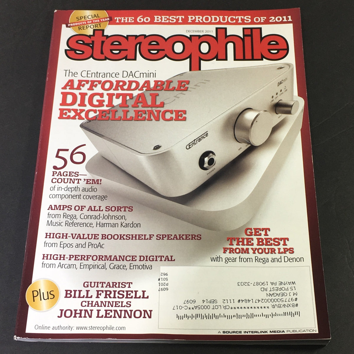 Cover of Stereophile Magazine December 2011 featuring the CEntrance DACmini Digital AMP and Rega AMP, highlighting key products and special features of the issue.