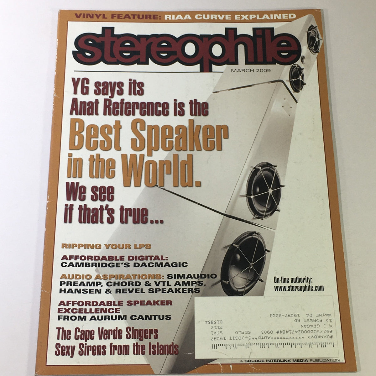 Cover of Stereophile Magazine from March 2009 featuring the title 'Stereophile Magazine March 2009 - Cambridge DAC Magic / SimAudio Pre AMP'. The cover highlights a feature on 'Best Speaker in the World' and is adorned with details about audio equipment and reviews, reflecting the vintage audio technology discussion.