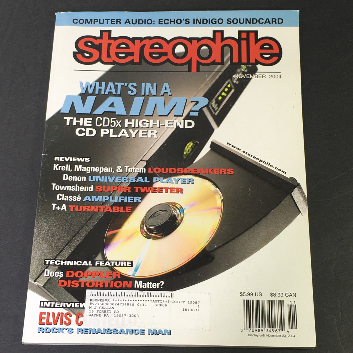 Stereophile Magazine November 2004 cover featuring the CD5x high-end CD player and articles on Magnepan and Totem speakers, showcasing insights and reviews for audiophiles.
