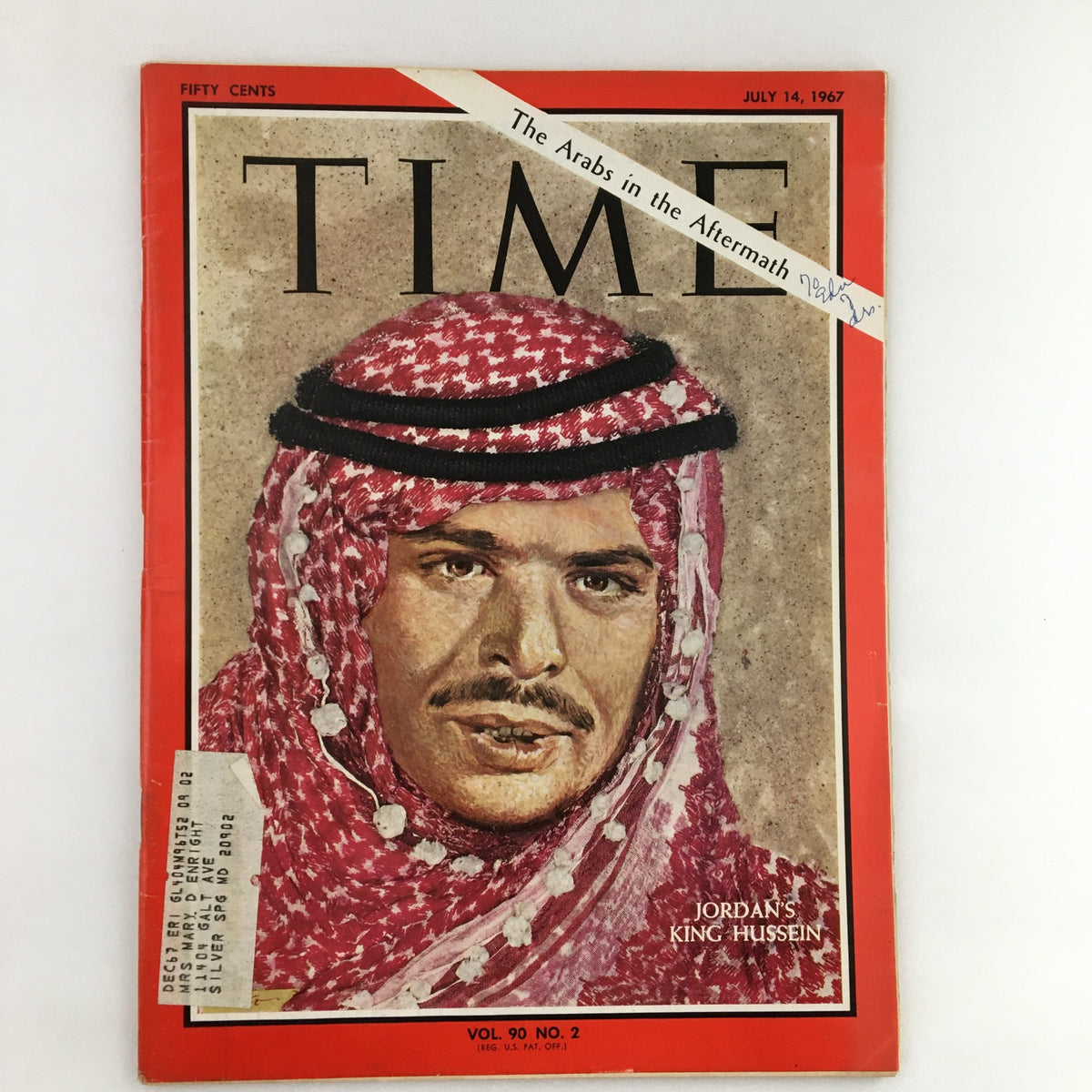 Cover of Time Magazine from July 14, 1967, featuring King Hussein of Jordan, Vol. 90 No. 2, highlighting the historical context of the Arab world.