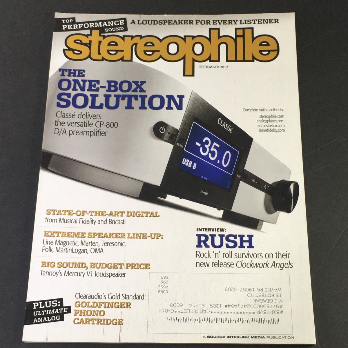 Cover of Stereophile Magazine September 2012 featuring the title 'The One-Box Solution' and highlights including reviews of the Classe CP-800 D/A preamplifier and Tannoy Mercury V1 Speaker.