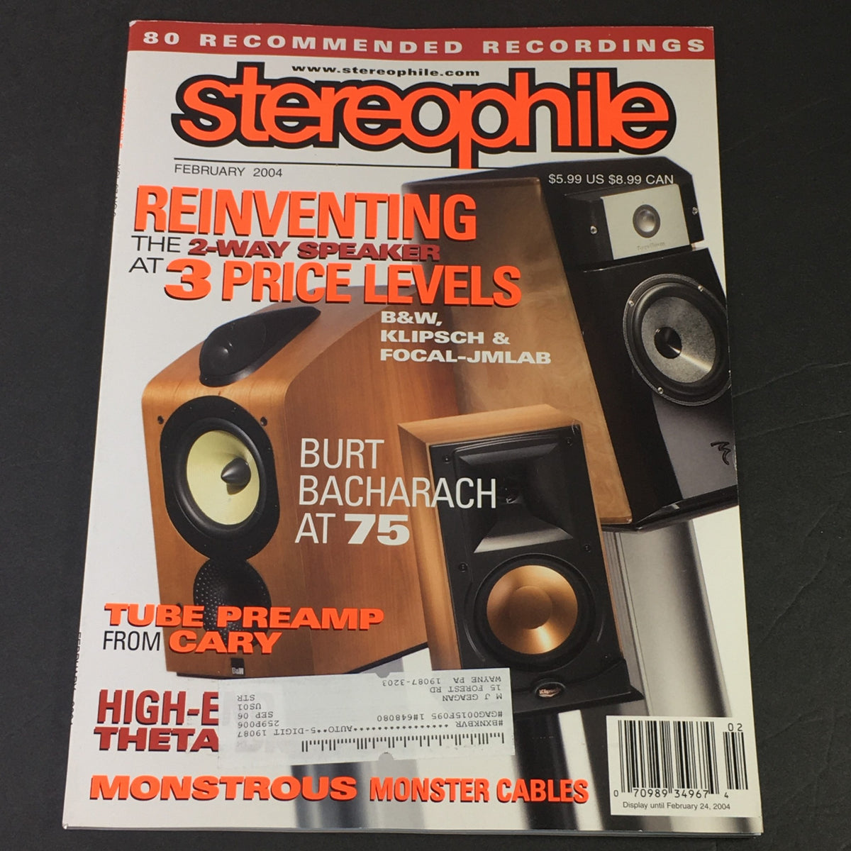 Stereophile Magazine February 2004 featuring B&W, Klipsch & Focal-JMLab, with a focus on Burt Bacharach and audio equipment reviews.