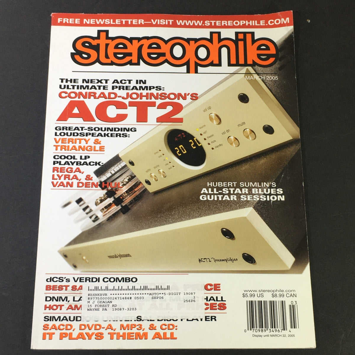Cover of Stereophile Magazine March 2005 featuring Hubert Sumlin's guitar session and Verity Speakers, highlighting audio systems and music culture.
