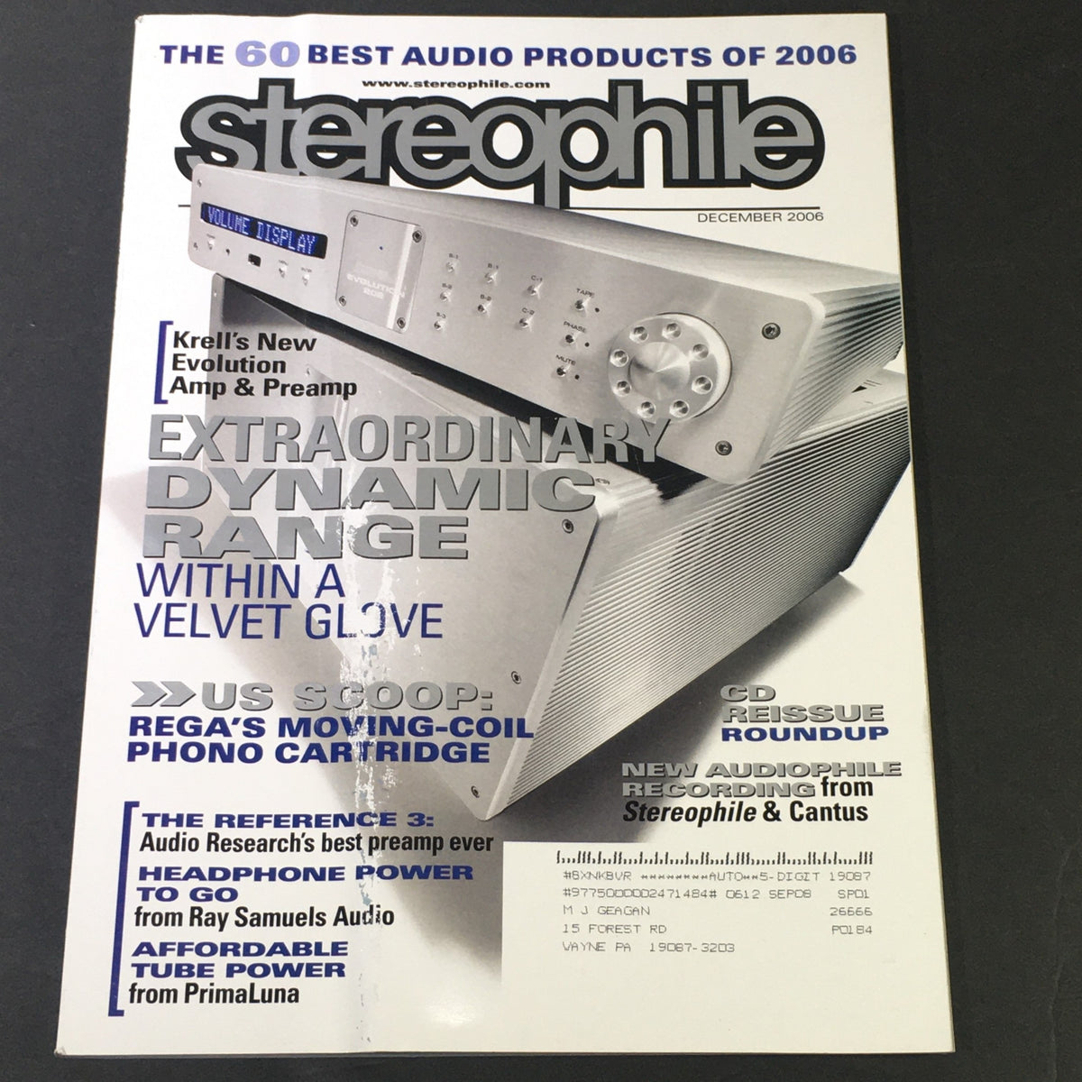 Cover of Stereophile Magazine December 2006 featuring the Kree AMP & Pre AMP and Rega Phono Cartridge, highlighting audio technology advancements.
