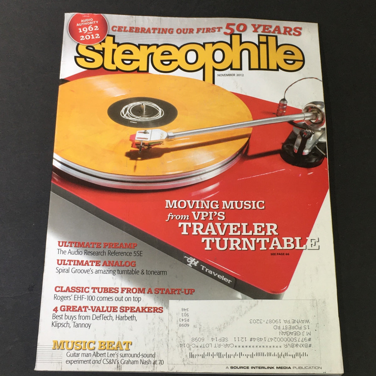 Stereophile Magazine November 2012 issue featuring VPI Traveler Turntable on the cover, highlighting audio reviews including Roger EHF-100. Ideal for audiophiles and collectors.