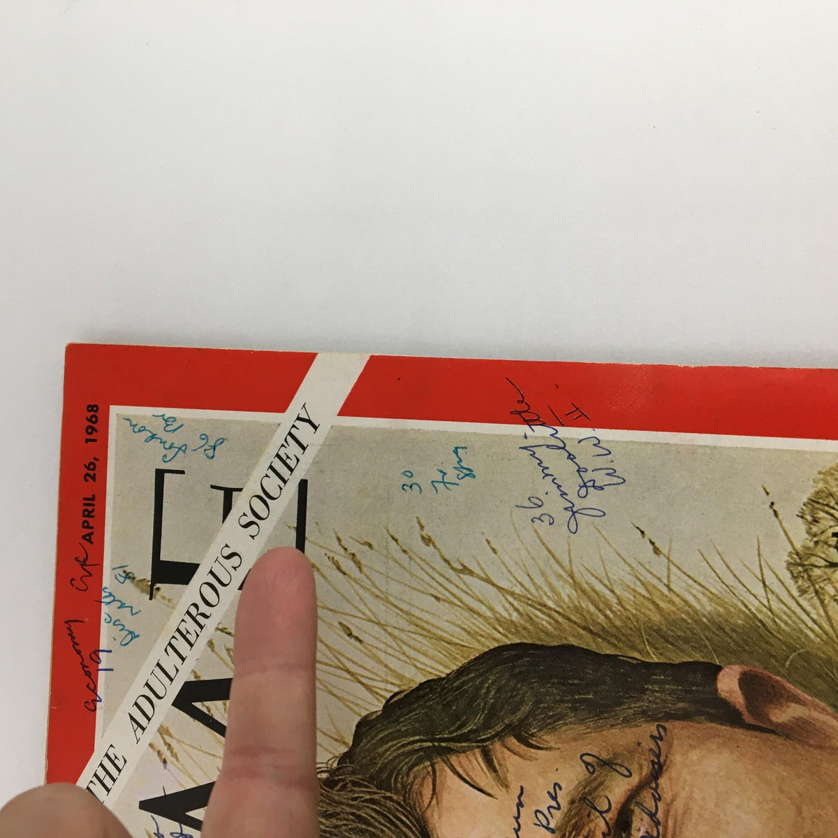 Time Magazine April 26 1968 cover zoomed in, showcasing John Updike and handwritten annotations with the title 'The Adulterous Society' prominently displayed.