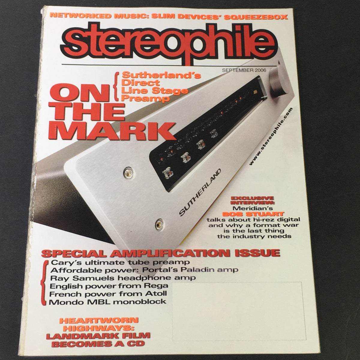 Cover of Stereophile Magazine September 2006 featuring Sutherland's Direct Line Stage Pre-Amplifier, highlighting audio equipment reviews and audio technology advancements.