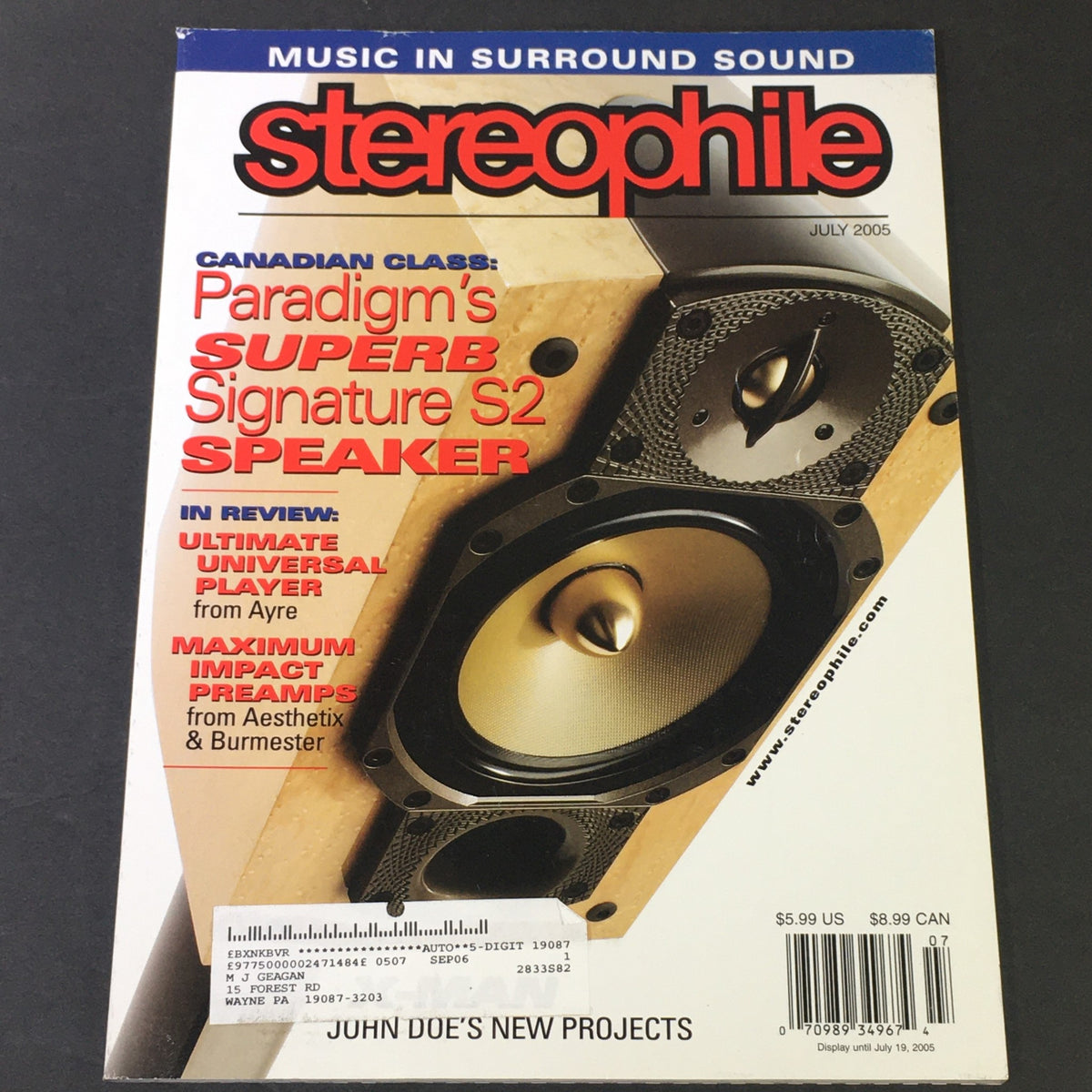 Cover of Stereophile Magazine, July 2005, featuring the Canadian Superb Signature S2 Speaker, highlighting reviews and discussions of high-fidelity audio technology.