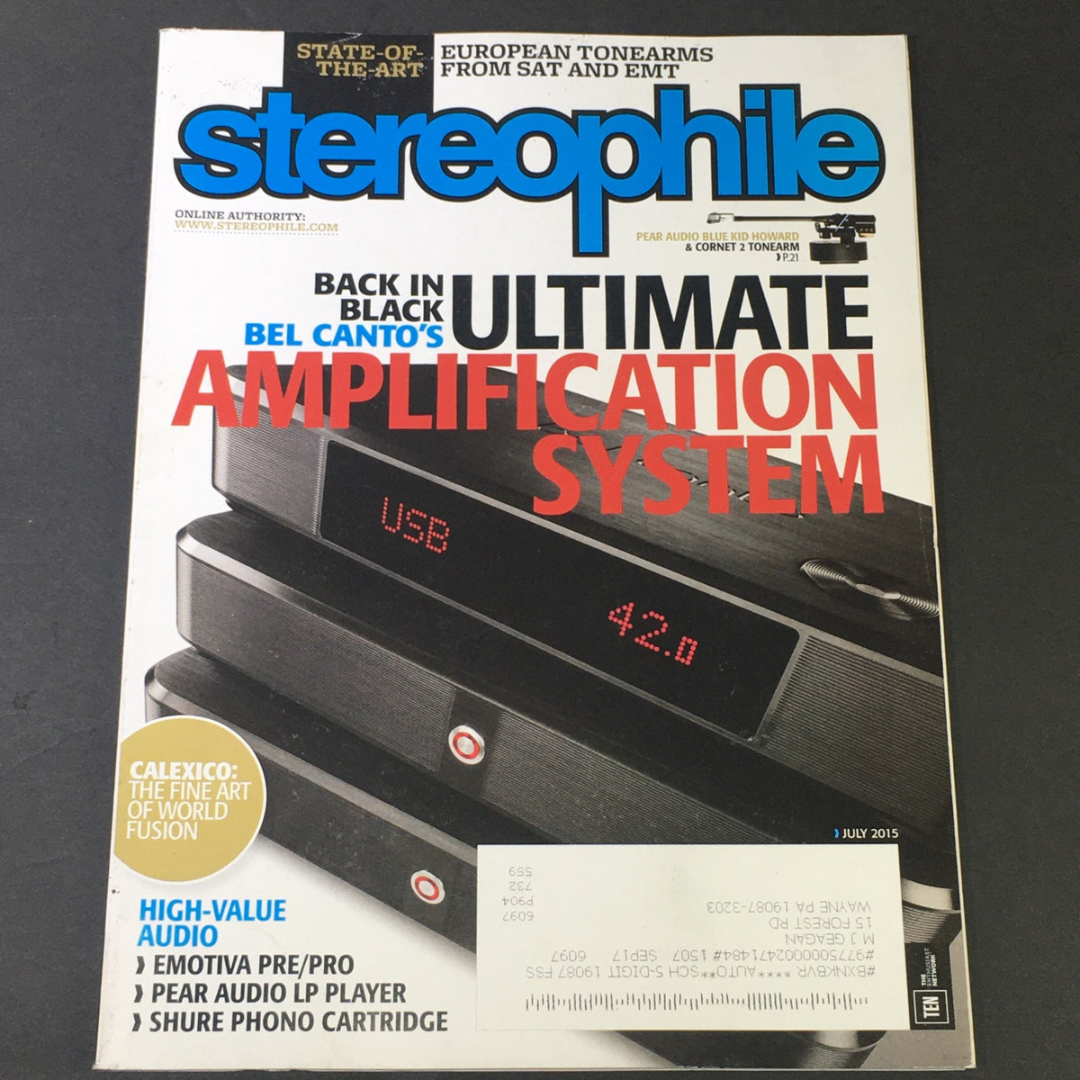 Cover of Stereophile Magazine July 2015 featuring Pear Audio Blue Kid Howard and Cornet 2 Tonearm, with a focus on high-value audio and technology.