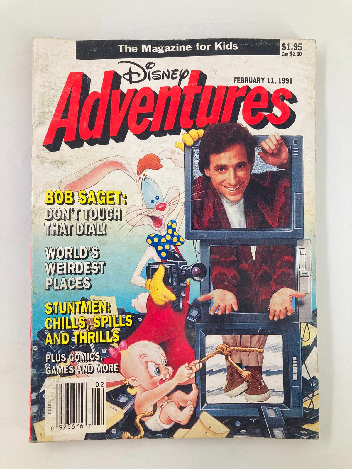 Cover of Disney Adventures Magazine dated February 11, 1991, featuring Bob Saget and whimsical illustrations including cartoon characters and television screens. A collectible piece highlighting 90s pop culture.