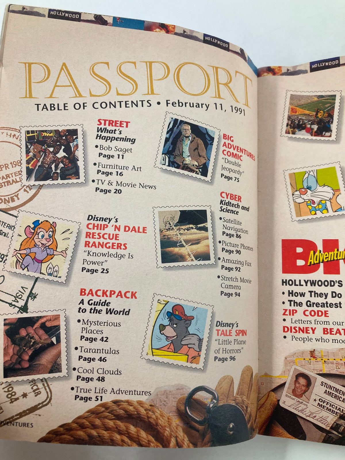 Table of contents page from Disney Adventures Magazine, February 11, 1991. Showcasing article titles such as Bob Saget and Disney's Chip 'n' Dale Rescue Rangers, reflecting nostalgia from the 90s.