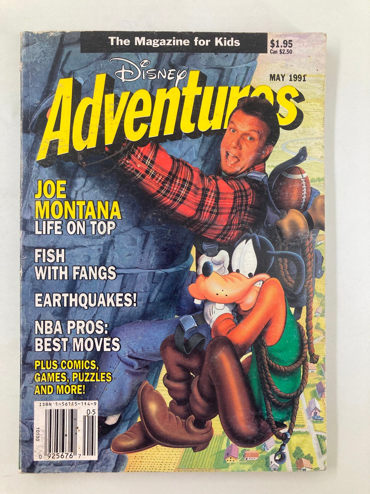 Disney Adventures Magazine May 1991 cover featuring Joe Montana on the front, with colorful illustrations of Goofy and other graphics, highlighting 'Life on Top' and various topics such as fish and earthquakes.