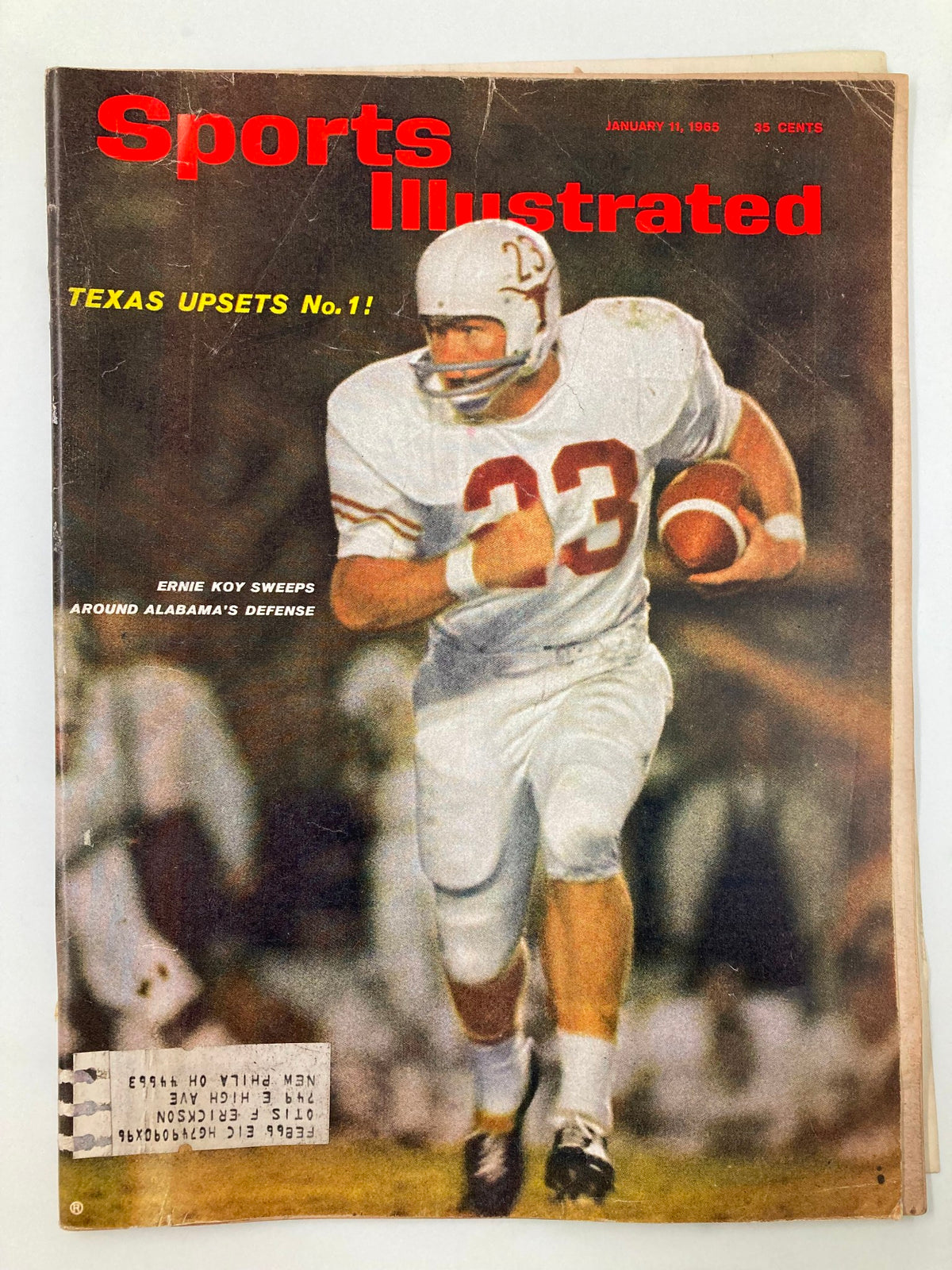 Vintage Sports Illustrated magazine cover from January 11, 1965, featuring Erney Koy sweeping past Alabama's defense, capturing a moment of sports history.