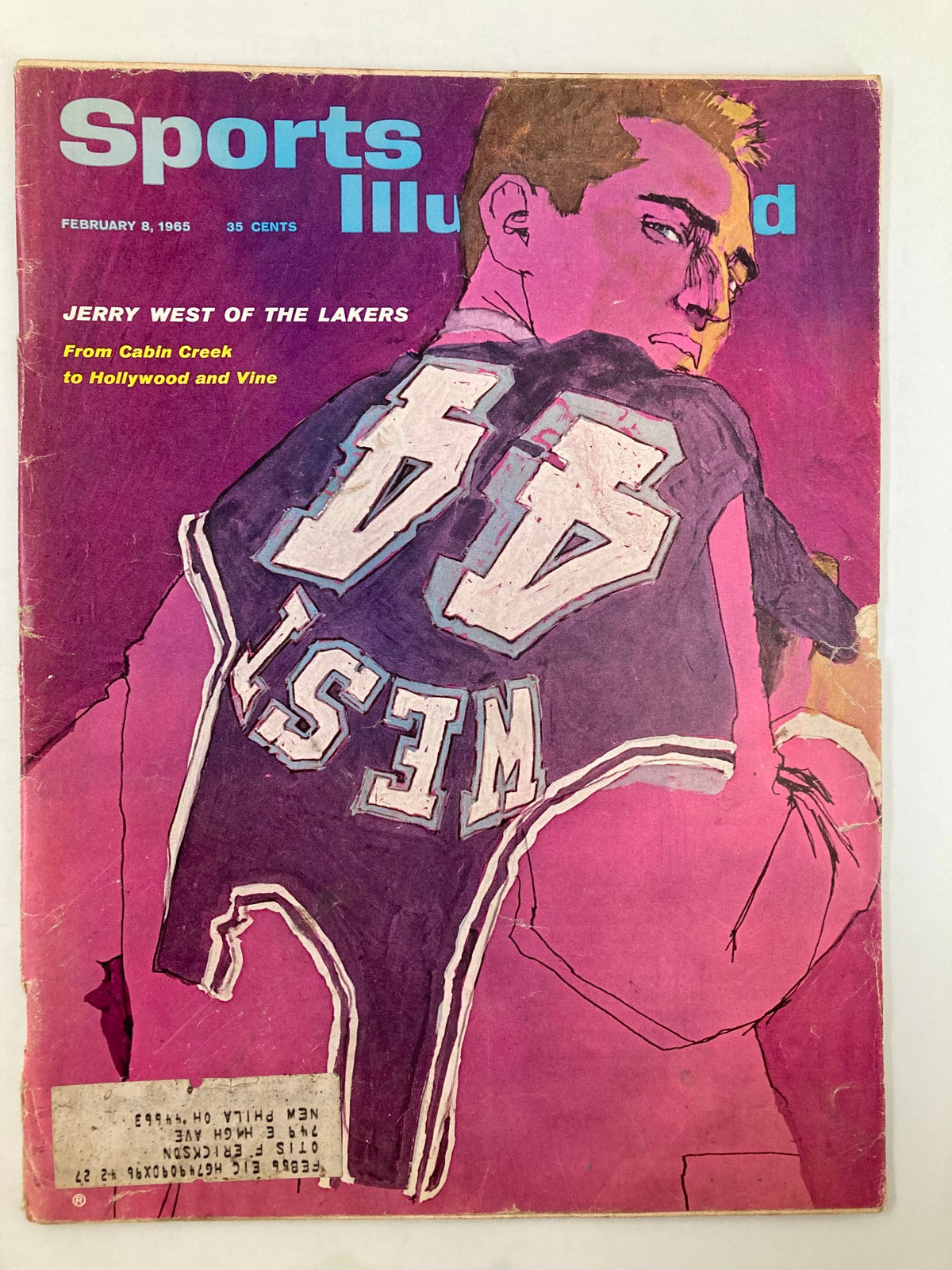 Vintage Sports Illustrated Magazine from February 8, 1965, featuring Jerry West of the Lakers on the cover, showcasing a vibrant illustration of West in his jersey.