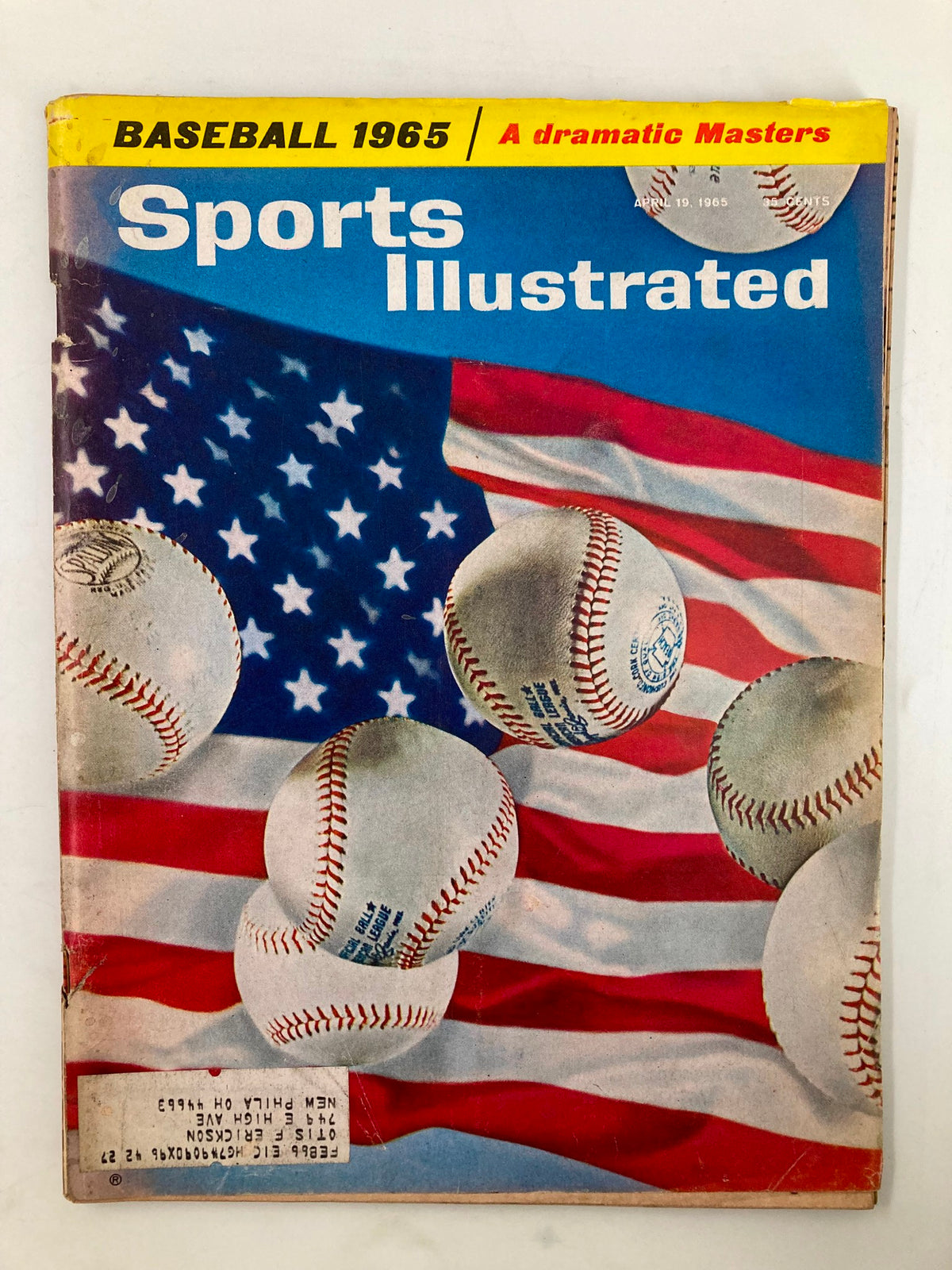 Vintage Sports Illustrated Magazine April 19 1965 featuring baseball and the dramatic Masters, showcasing multiple baseballs against a backdrop of the American flag.