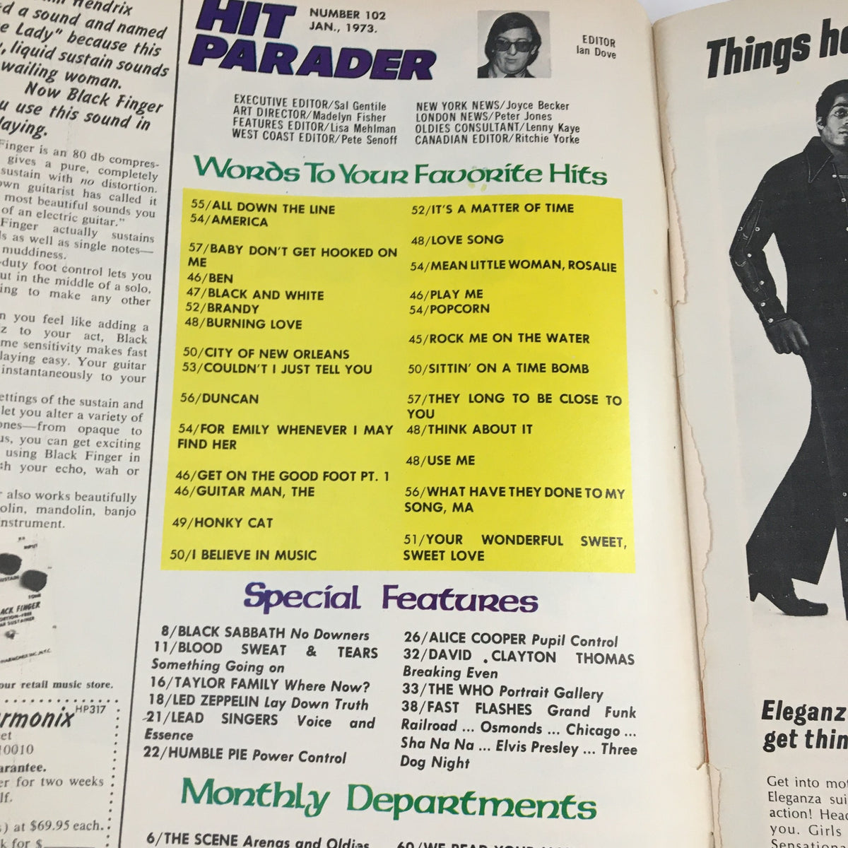 Inside page of Hit Parader Magazine January 1973 featuring listings and highlights of popular hits including songs by famous artists.
