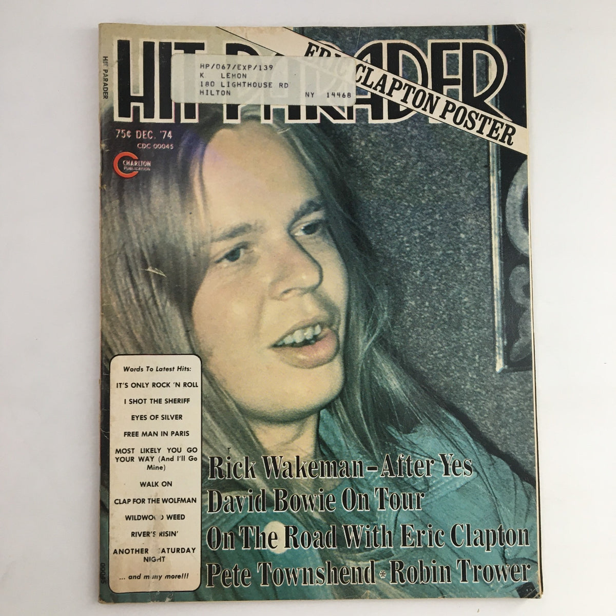 Hit Parader Magazine December 1974 featuring Rick Wakeman, with highlights on David Bowie and Eric Clapton, showcasing the vibrant rock music scene of the 1970s. This vintage magazine cover features a photo of Rick Wakeman and includes information about classic hits and notable articles.