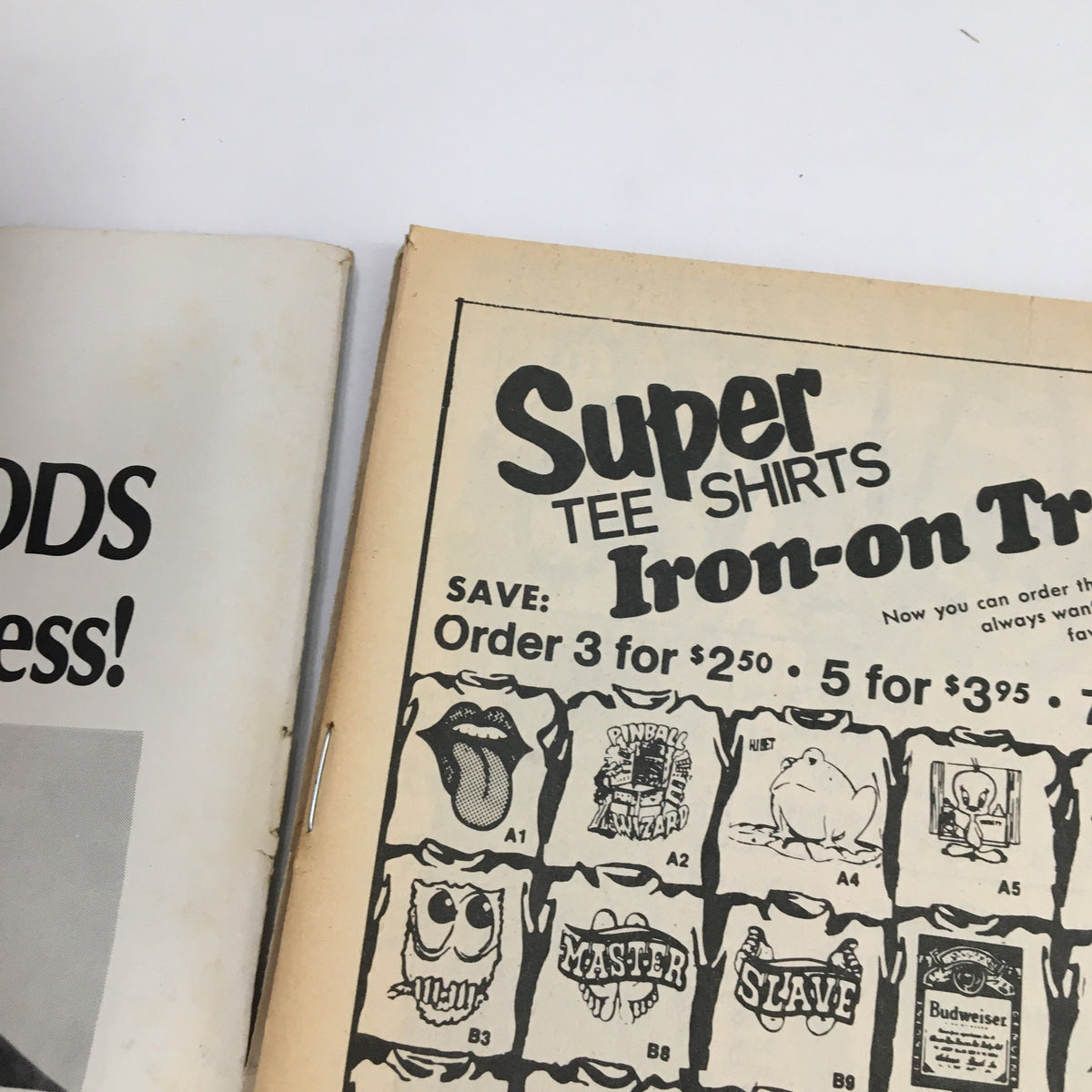 Advertisement for Super Iron-on T-shirts from Hit Parader Magazine May 1975, showcasing various designs and pricing for vintage graphic T-shirts.