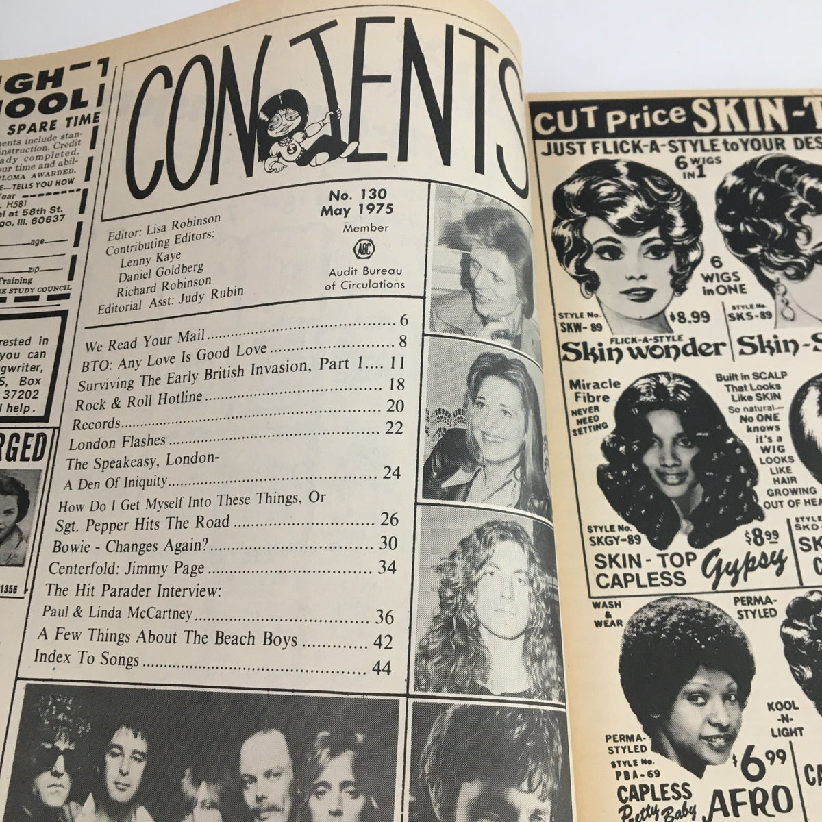 Contents page of Hit Parader Magazine May 1975 highlighting articles, interviews, and musicians featured in this iconic issue.