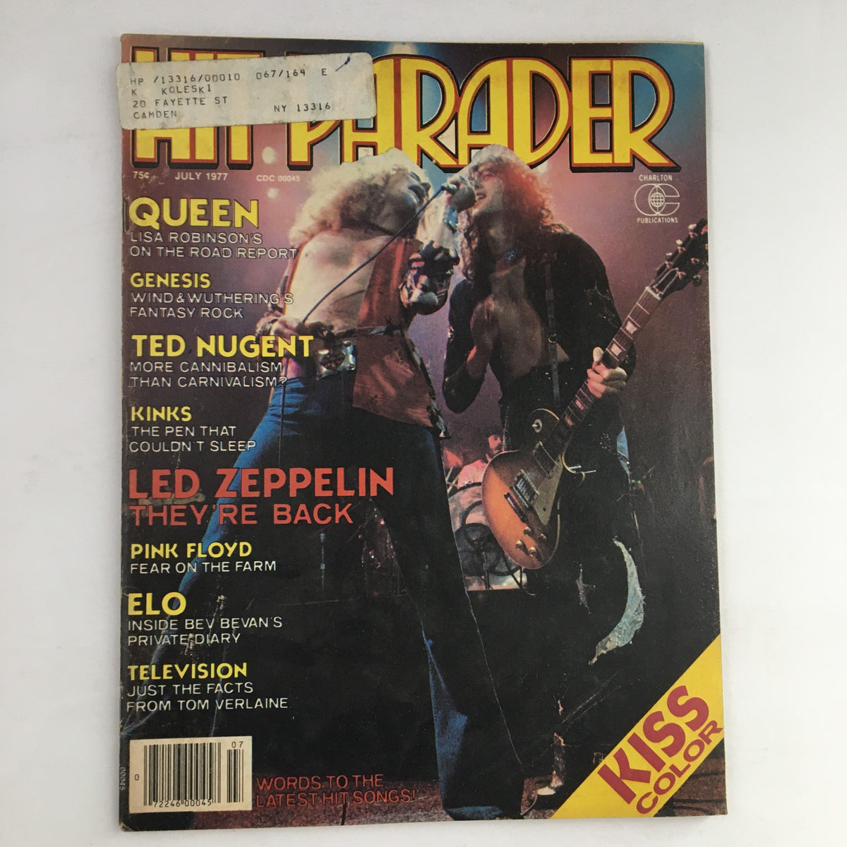 Cover of Hit Parader Magazine July 1977 featuring Queen, Genesis, Ted Nugent, Kinks, and Led Zeppelin with promotional text and images of musicians.