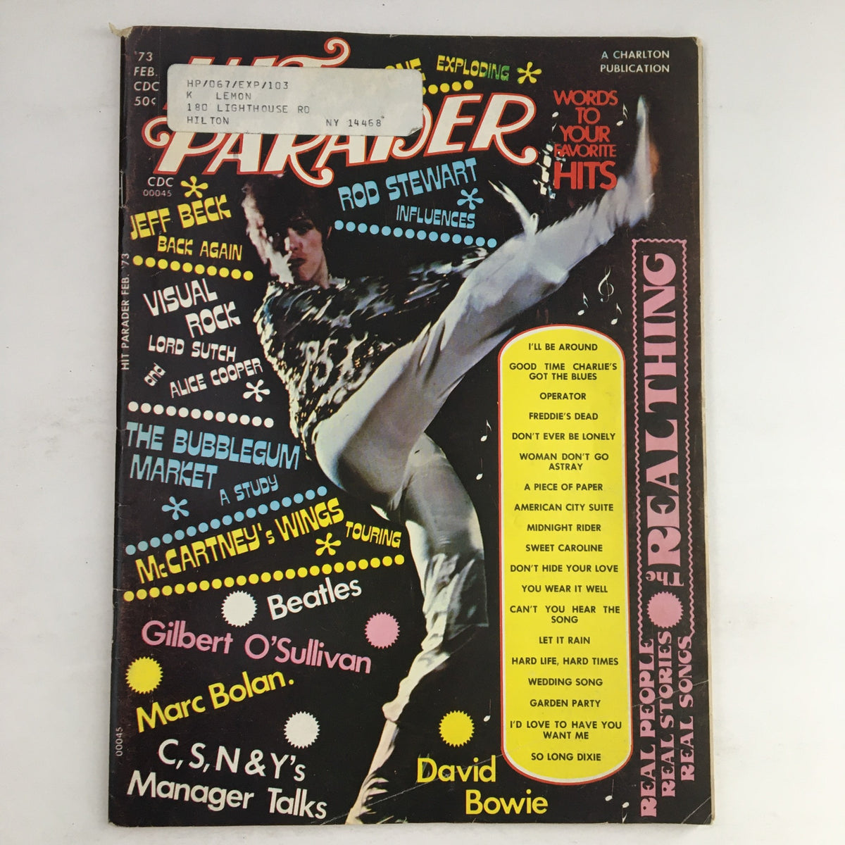 Front cover of Hit Parader Magazine February 1973 featuring Jeff Beck, Rod Stewart, and Michael Jackson with colorful graphics and headlines.