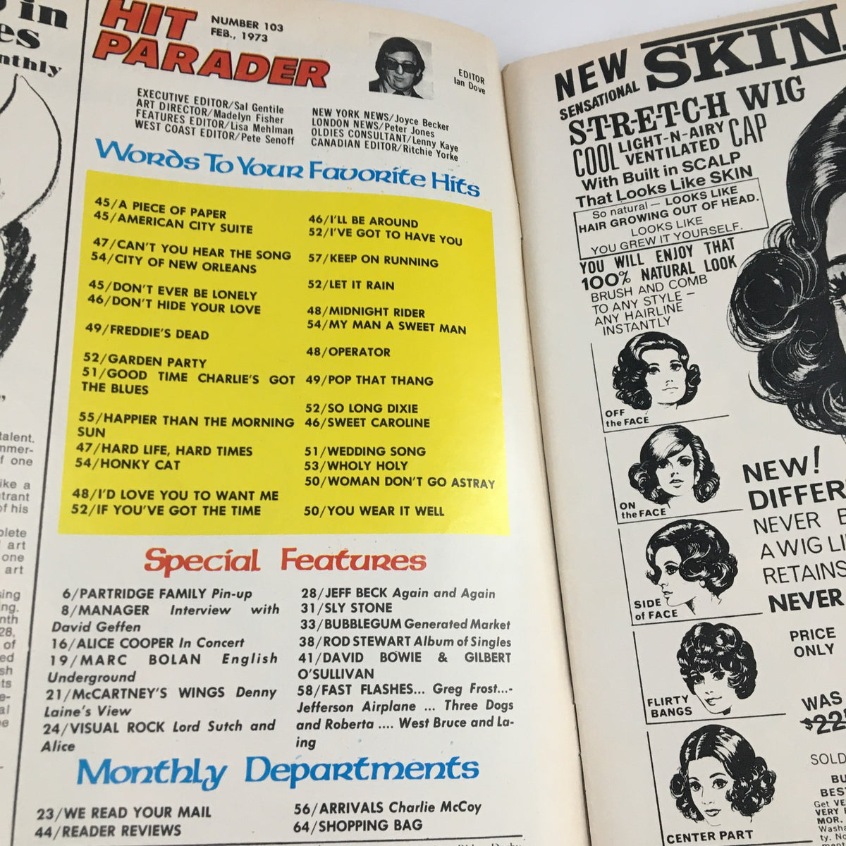 Hit Parader Magazine February 1973 feature pages showing song titles and special features, including an overview of iconic artists like Jeff Beck, Rod Stewart, and Michael Jackson.
