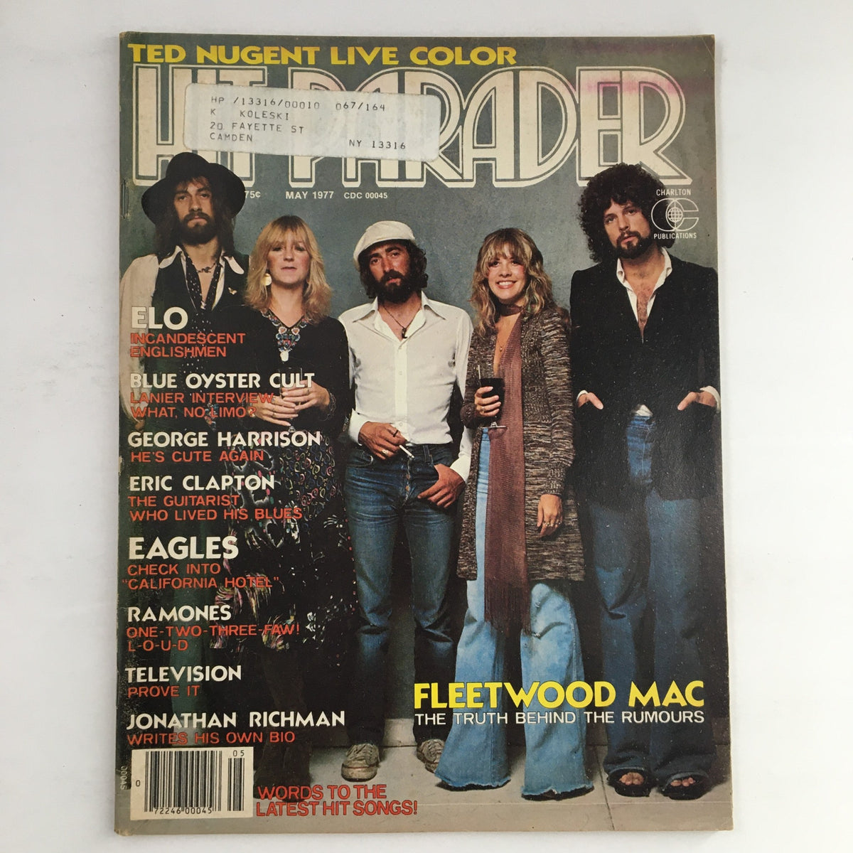 Hit Parader Magazine May 1977 cover featuring Fleetwood Mac, ELO, Blue Oyster Cult, and Ramones. The magazine showcases nostalgic rock history with vibrant visuals and band highlights, appealing to vintage music collectors.