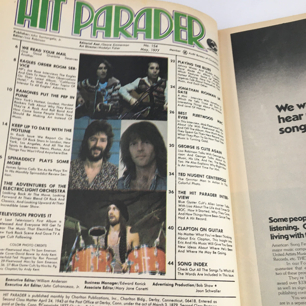 Hit Parader Magazine May 1977 cover featuring articles on classic rock artists including Fleetwood Mac, ELO, Blue Oyster Cult, and Ramones, showcasing the essence of the late 1970s rock scene.