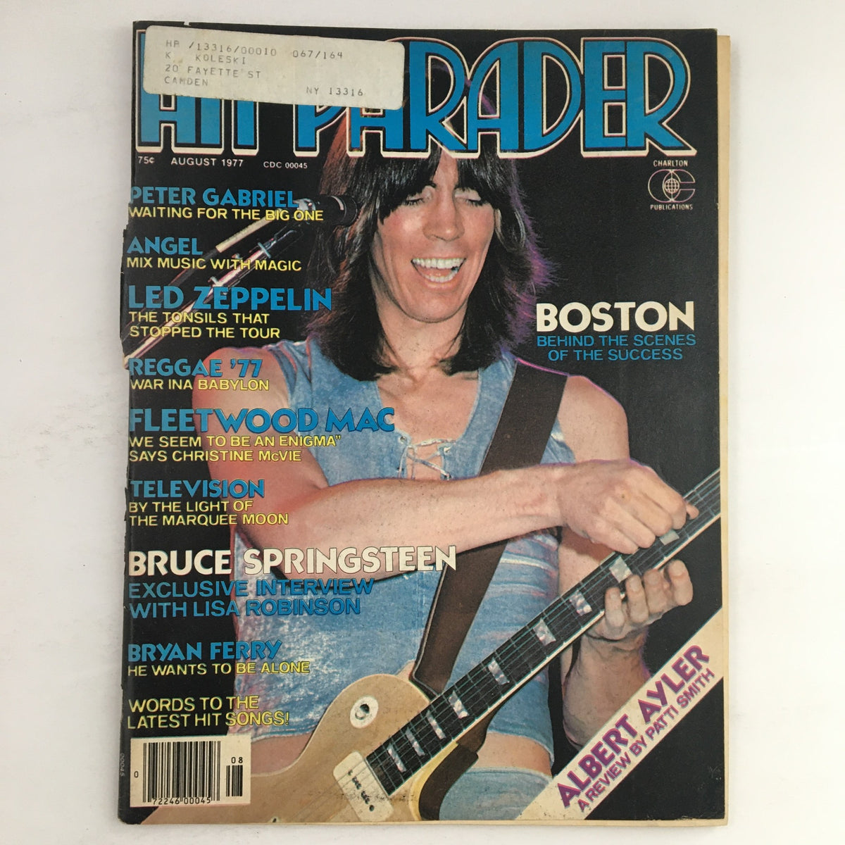 Hit Parader Magazine August 1977 featuring Peter Gabriel, Led Zeppelin, and Fleetwood Mac on the cover, showcasing iconic rock artists of the 1970s with colorful graphics and headlines.