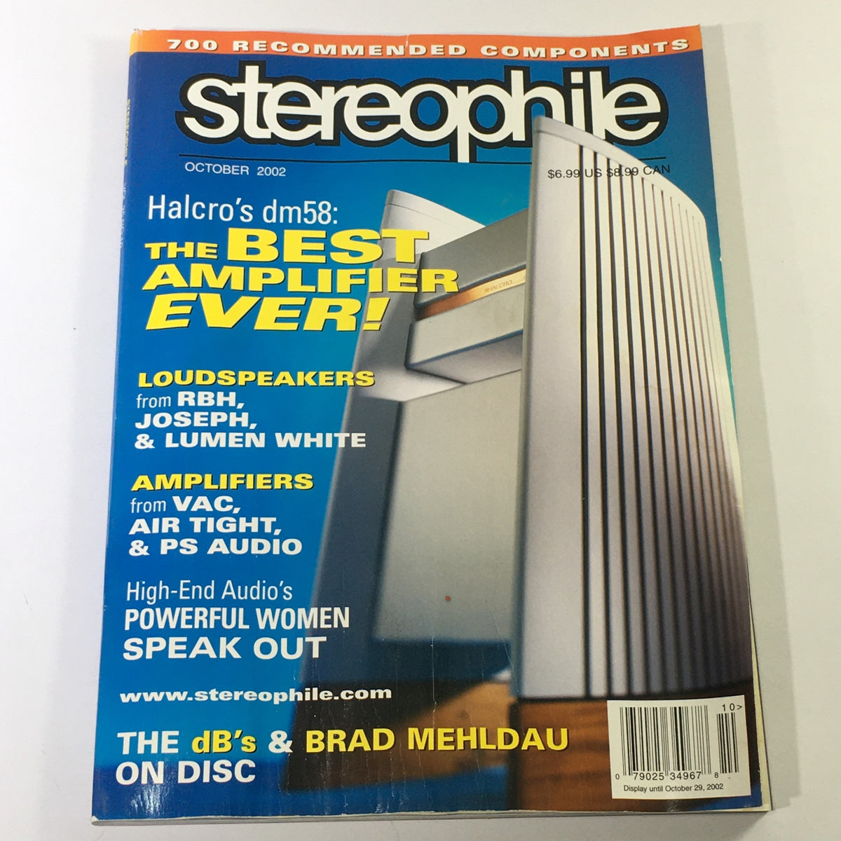 Stereophile Magazine October 2002 cover featuring Halcro dm58 amplifier, RBH, Joseph, and Lumen White loudspeakers, highlighted as the best amplifier in high-end audio.