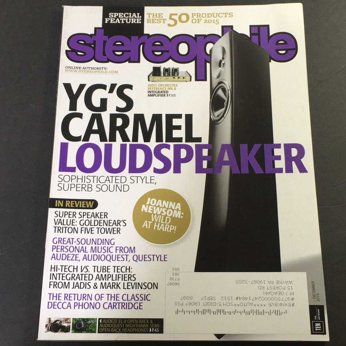 Cover of Stereophile Magazine December 2015 featuring an article on YG's Carmel Loudspeaker and an interview with Joanna Newsom.
