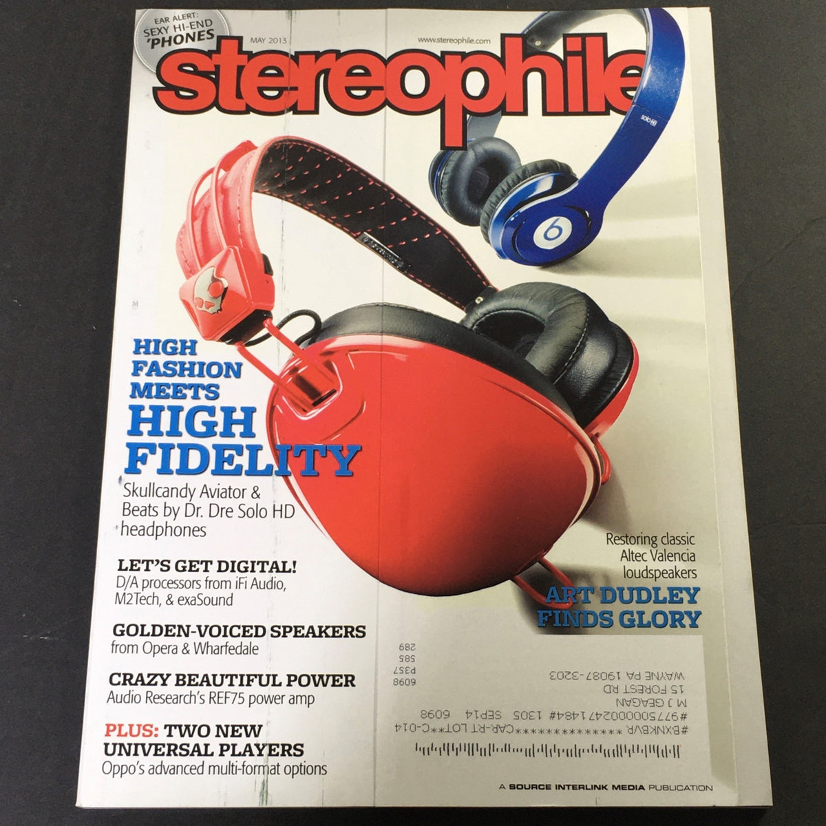 Stereophile Magazine May 2013 cover featuring an article on Altec Valencia Loudspeakers and REF75 Power Amp, showcasing headphones and audio equipment.