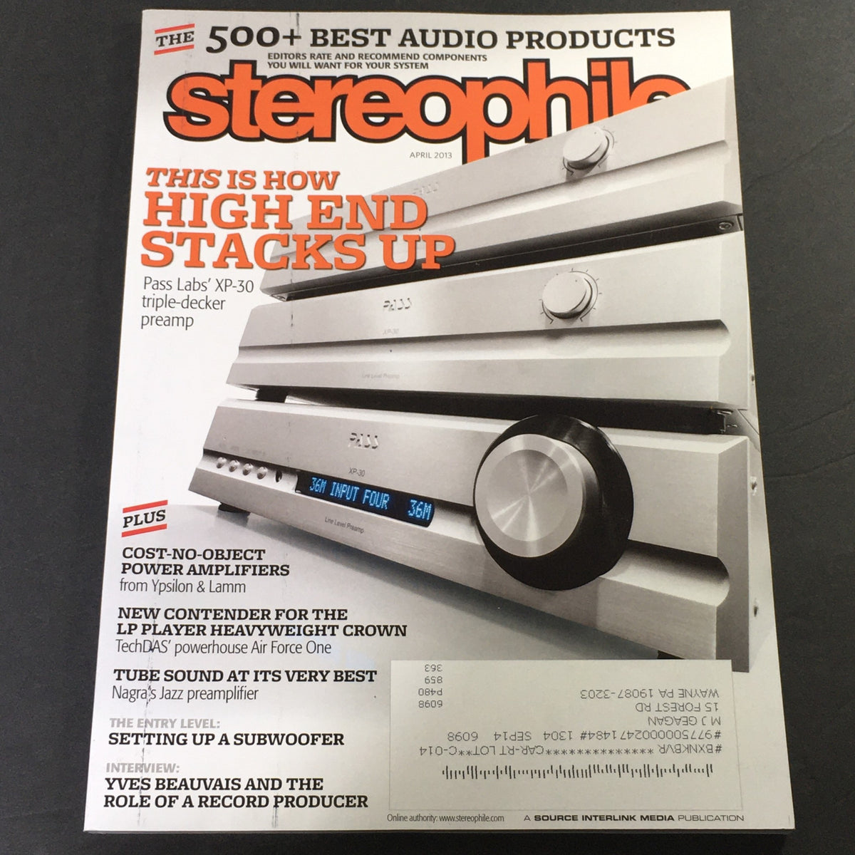 Cover of Stereophile Magazine April 2013 featuring an article on Pass Labs' XP-30 Triple Decker Preamp, showcasing high-end audio technology.