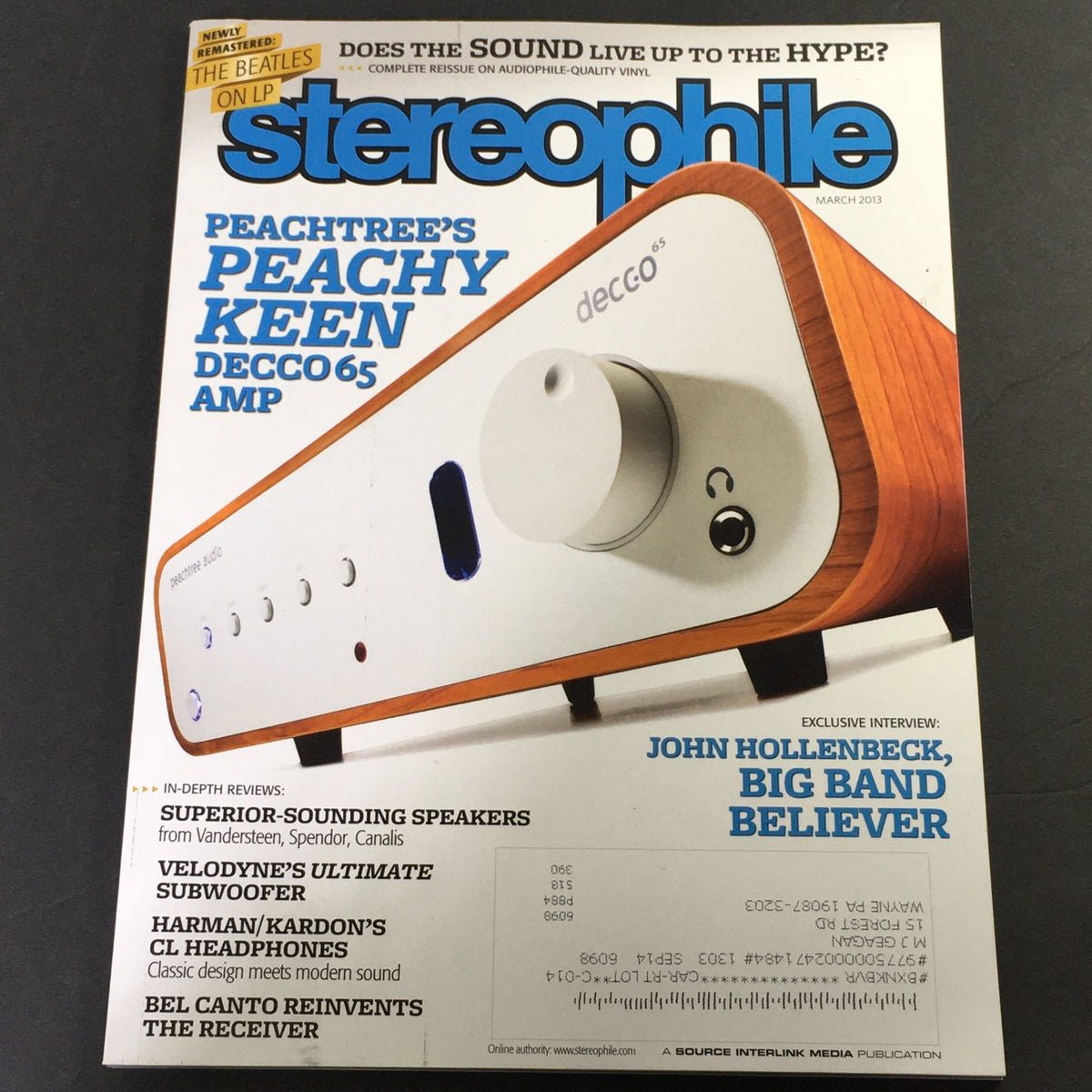 Cover of Stereophile Magazine March 2013 featuring John Hollenbeck and Peachtree's Peachy Keen Decco 65 AMP, showcasing insights on audio quality and musical innovation.
