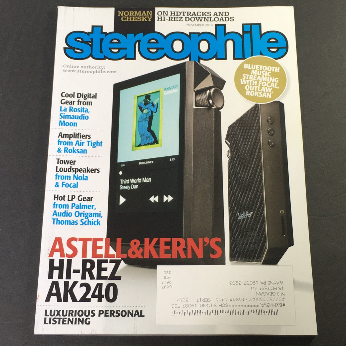 Cover of Stereophile Magazine November 2014 featuring La Rosita, Simaudio Moon, and Palmer LP Gear, highlighting high-end audio reviews and technology insights.
