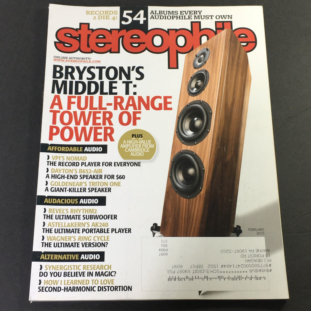 Cover of Stereophile Magazine February 2015 featuring Bryston Middle T Full-Range Tower of Power, showcasing audio equipment, expert reviews, and vintage magazine aesthetics.