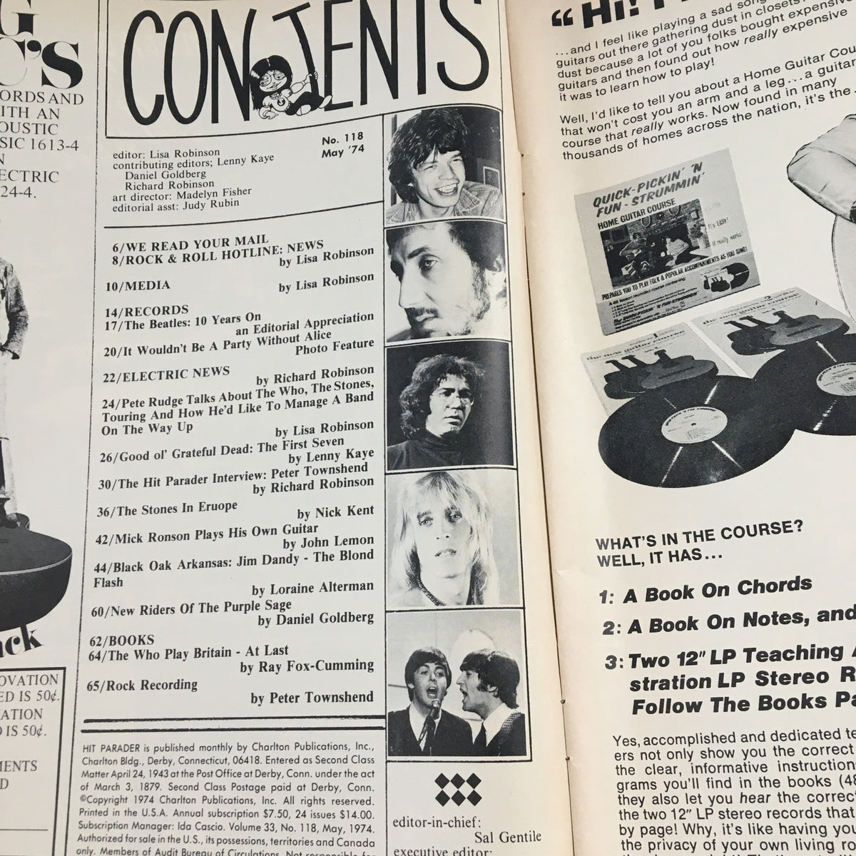 Contents page of Hit Parader May 1974 magazine, highlighting articles about Peter Townsend, The Beatles, and more.
