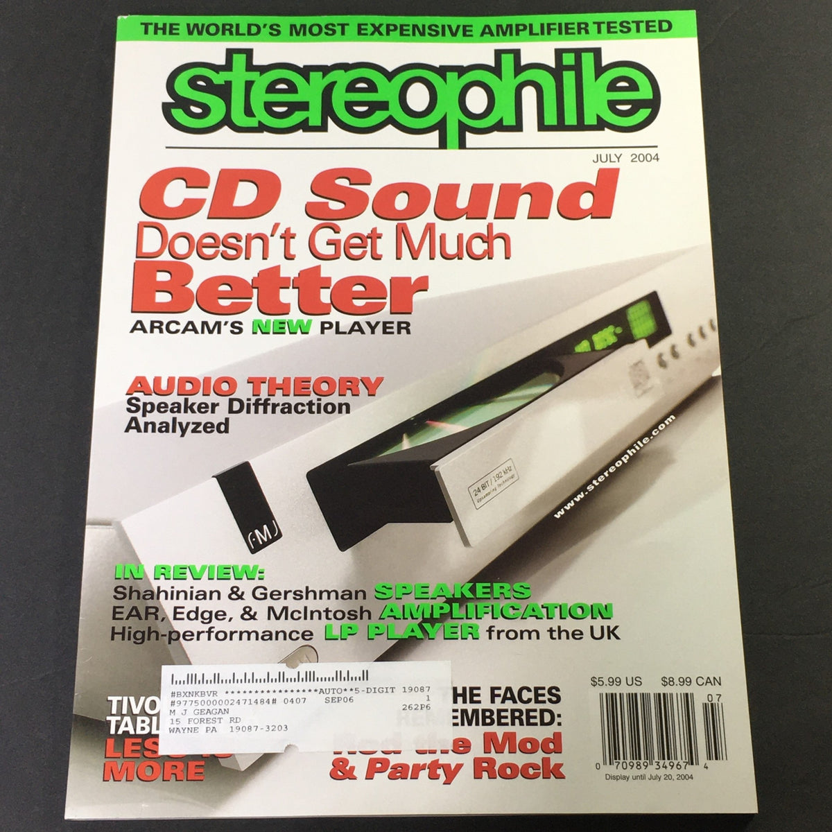 Stereophile Magazine July 2004 cover featuring Shahinian & Gershman Speakers and McIntosh Amplifier. Explore audiophile history with insights on CD sound technology and speaker analysis.