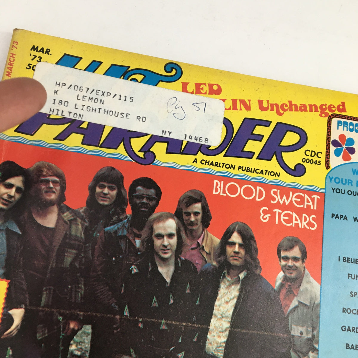 Cover of Hit Parader Magazine March 1973 featuring Blood Sweat & Tears, showcasing vintage music history with a notable address label.