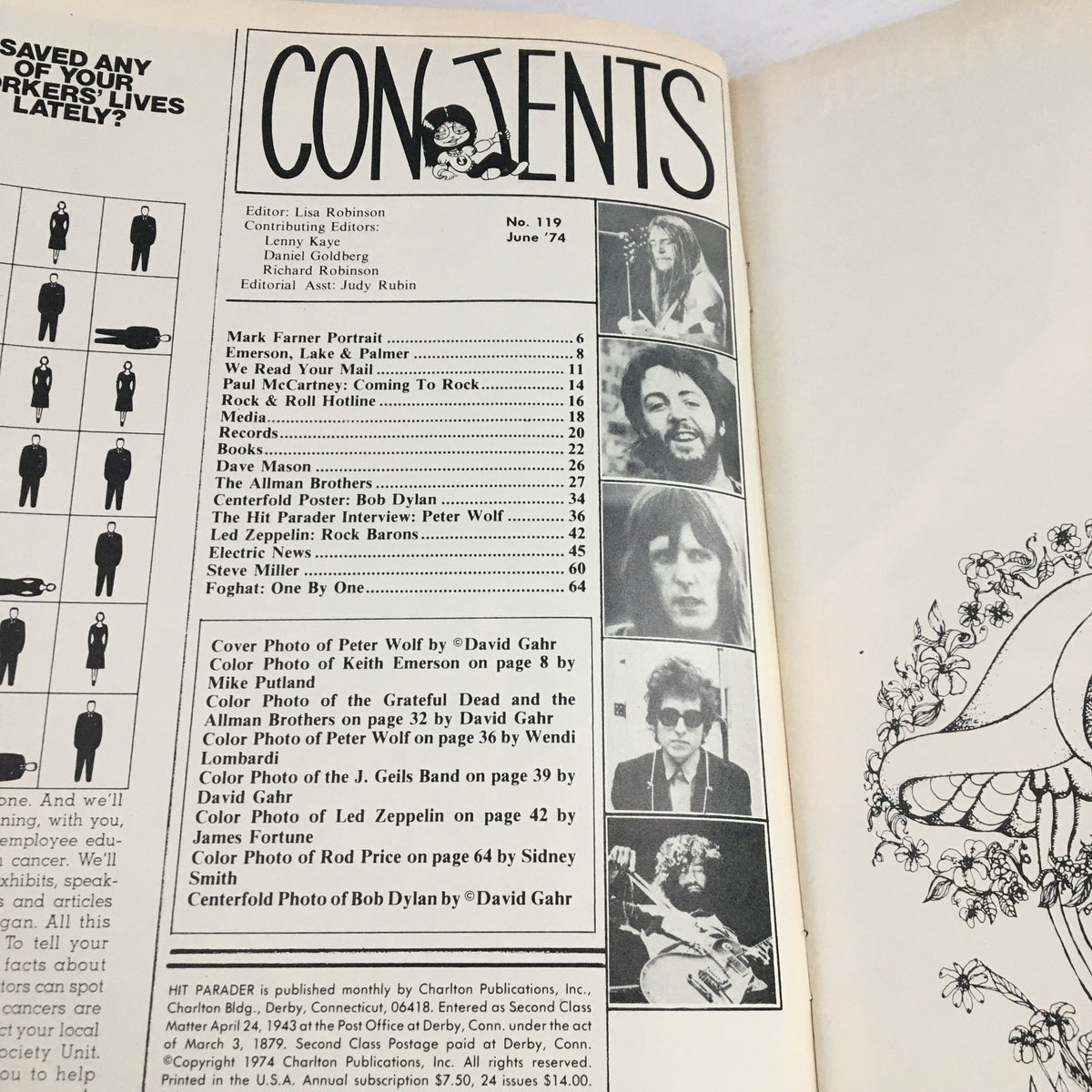 Contents page of Hit Parader Magazine June 1974 showcasing featured articles and images including Peter Wolf interview and profiles on iconic bands.