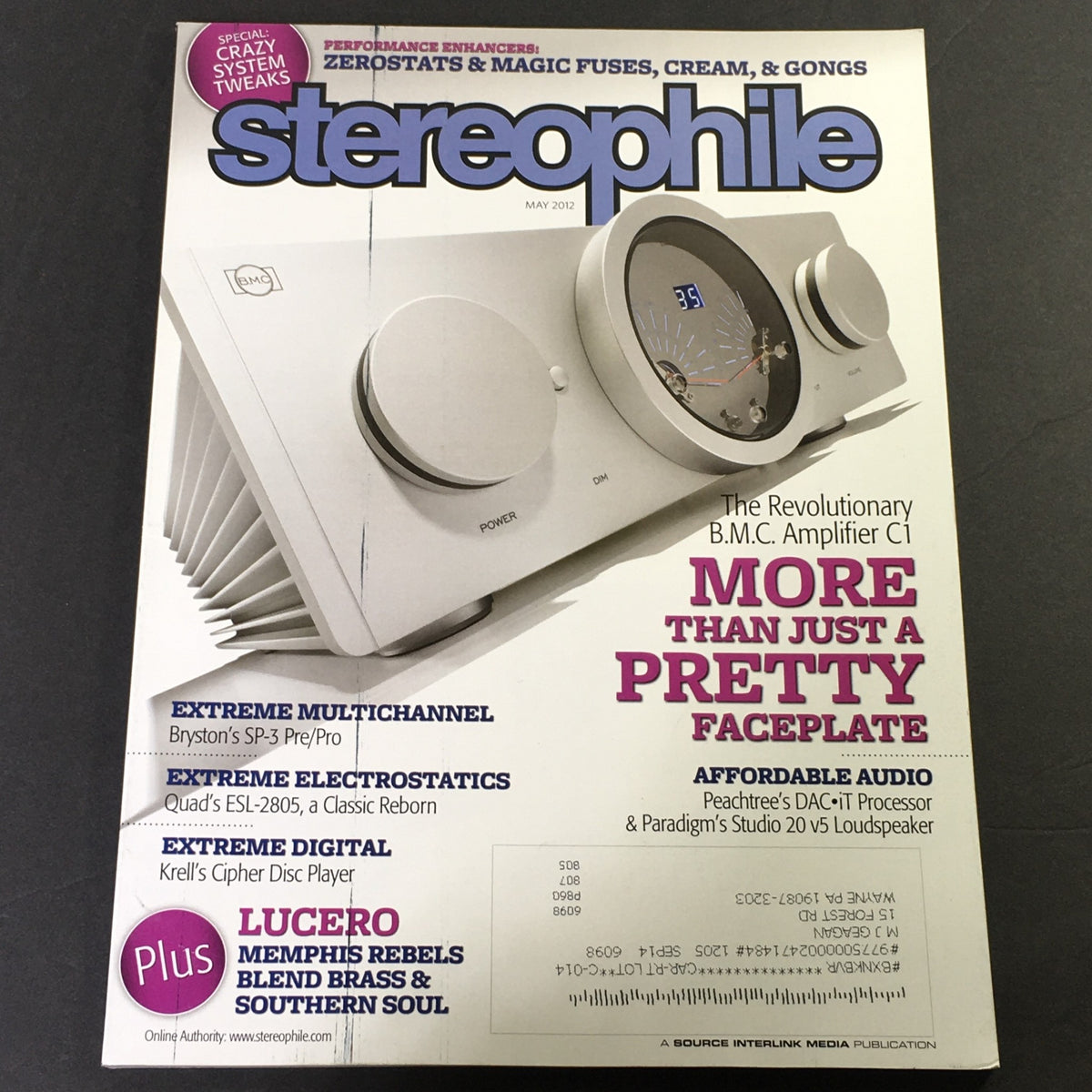 Cover of Stereophile Magazine May 2012 featuring reviews of BMC AMP C1, Bryston SP-3 Pre/Pro, and Quad ESL2805 loudspeakers, showcasing high-end audio technology.