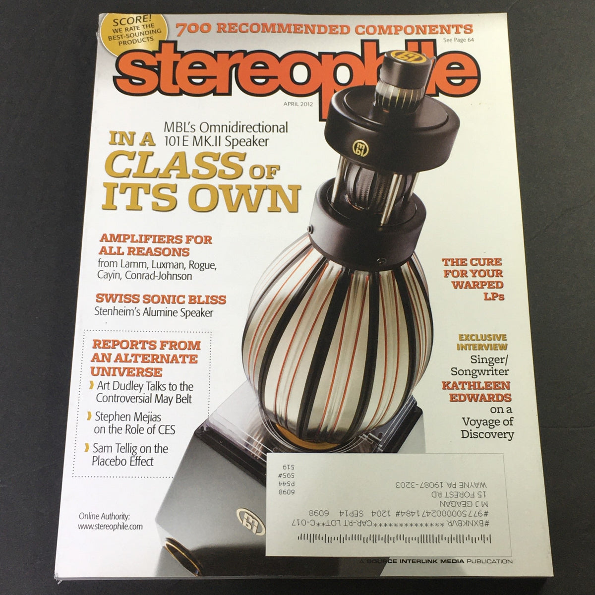 Cover of Stereophile Magazine April 2012 featuring MBL's Omnidirectional 101E MK.II Speaker, highlighting audio equipment reviews, audiophile tips, and industry insights.