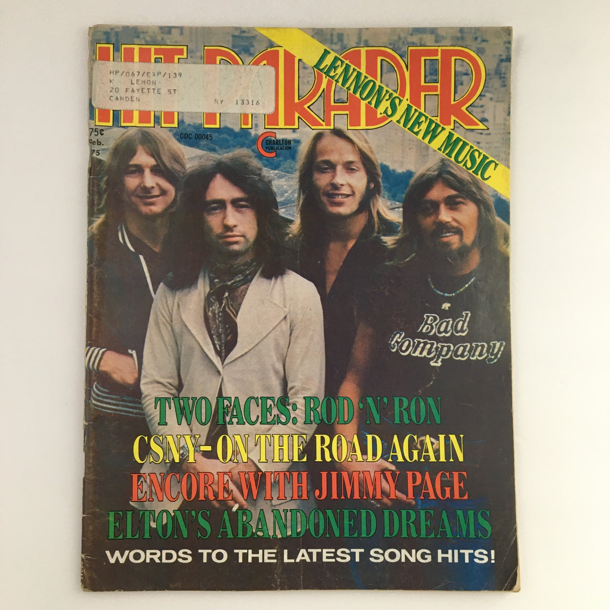 Cover of Hit Parader Magazine February 1975 featuring notable musicians including John Lennon, Rod N' Ron, Jimmy Page, and Elton John, showcasing vibrant colors and classic 70s design.