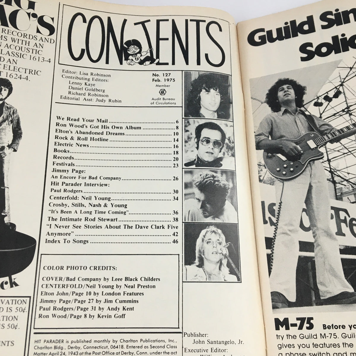Contents page of Hit Parader Magazine February 1975, detailing features on artists like Ron Wood, Elton John, and Neil Young, along with sections on music news and interviews.