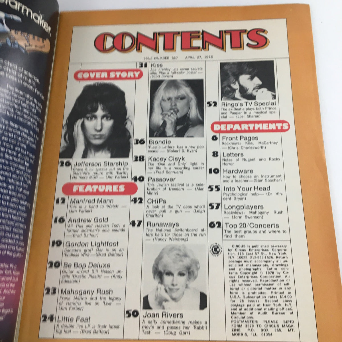 Contents page of Circus Magazine dated April 27, 1978, featuring articles on Jefferson Starship, Blondie, and other iconic artists, showcasing the vibrant music scene of the late 70s.