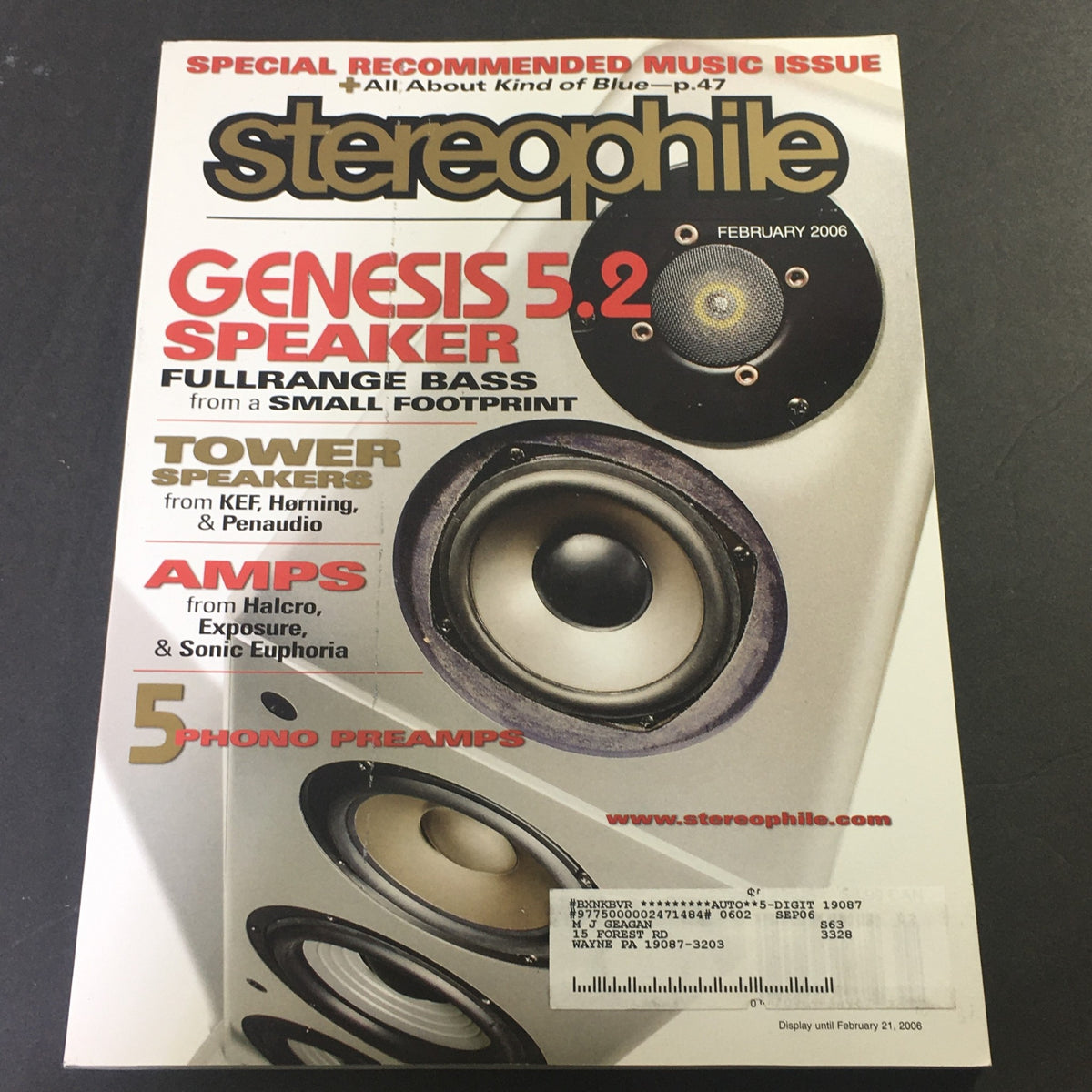 Cover of Stereophile Magazine February 2006 featuring Genesis 5.2 Speaker, with a focus on full-range bass in a compact design. The issue includes articles on tower speakers, amplifiers, and phono preamps, making it a valuable resource for audio enthusiasts.