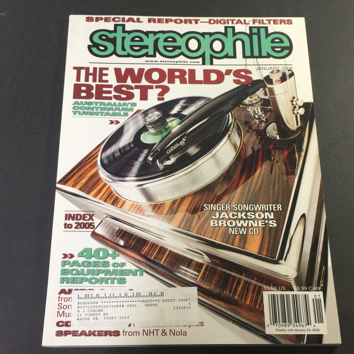 Cover of Stereophile Magazine January 2006 featuring Jackson Browne and the Cobra Continuum Turntable. The design highlights audio equipment aesthetics and includes text about equipment reports and reviews.