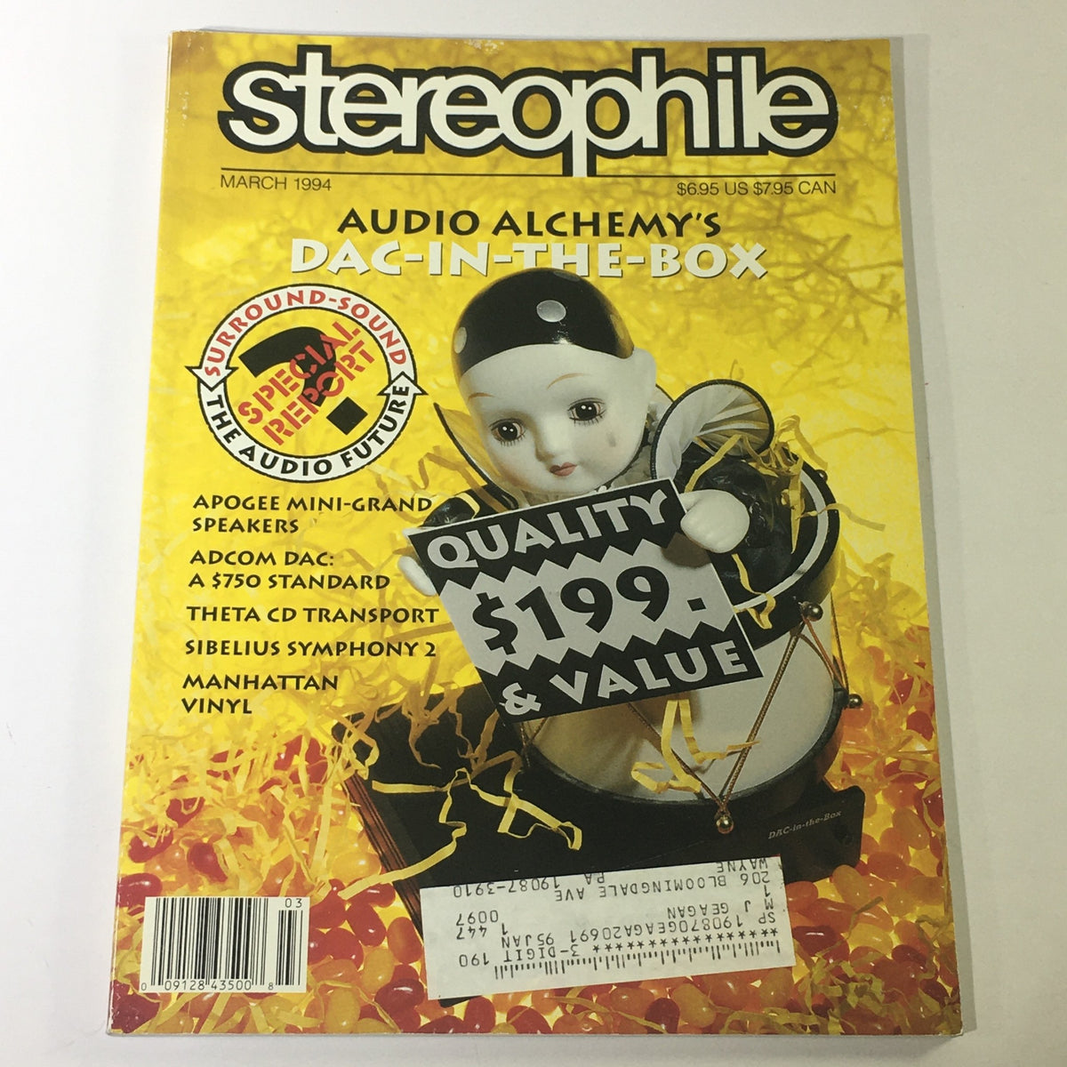 Cover of Stereophile Magazine March 1994 featuring 'Audio Alchemy's DAC-In-The-Box' and 'Apogee Mini-Grand Speakers', showcasing a vintage audio theme with a colorful background and a character holding a sign that reads 'QUALITY $199 & VALUE'.