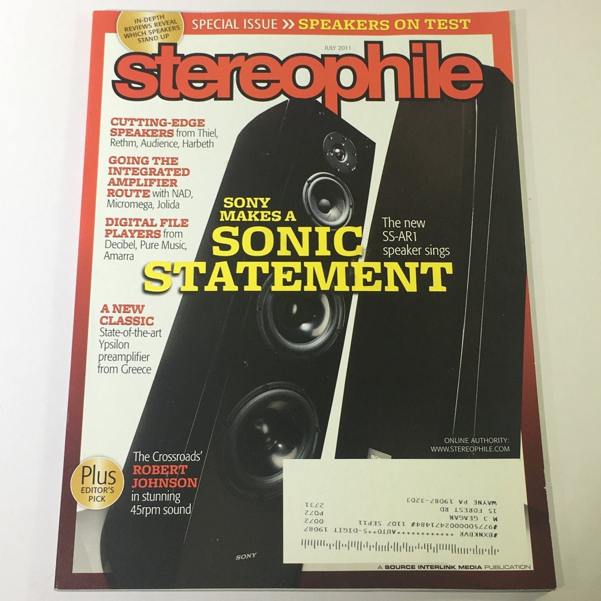 Cover of Stereophile Magazine July 2011 featuring the SS-AR1 Speaker and Robert Johnson's 45 RPM Sound. This vintage magazine highlights audio craftsmanship and insights into high-fidelity sound.